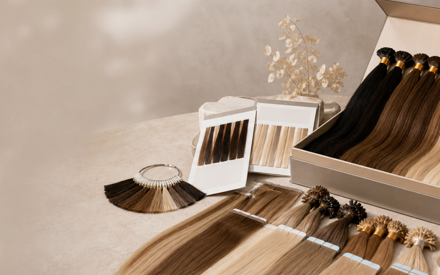 Human hair extension sample kit and colour swatches